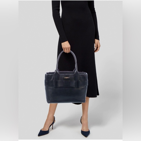 Kate Spade New York Quinn Villabella Black Leather Bow Tote Bag Purse Pebbled - Picture 2 of 11